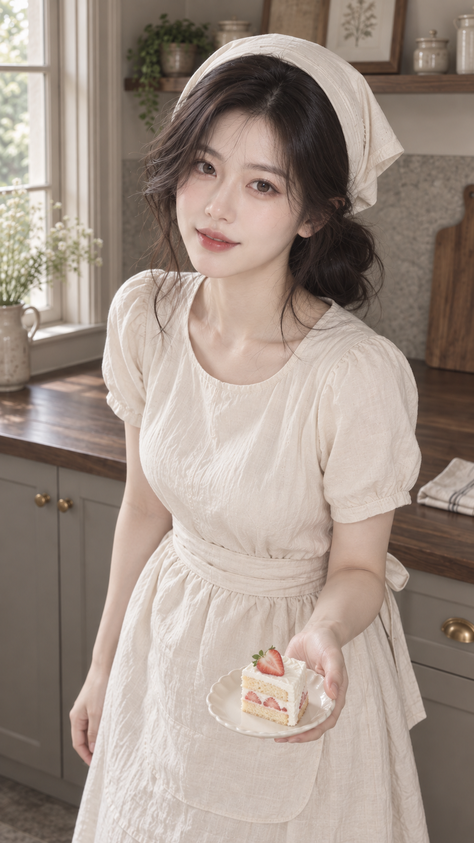 AI 生成的复古厨房烘焙写真，一位成年女性递出一小块草莓蛋糕