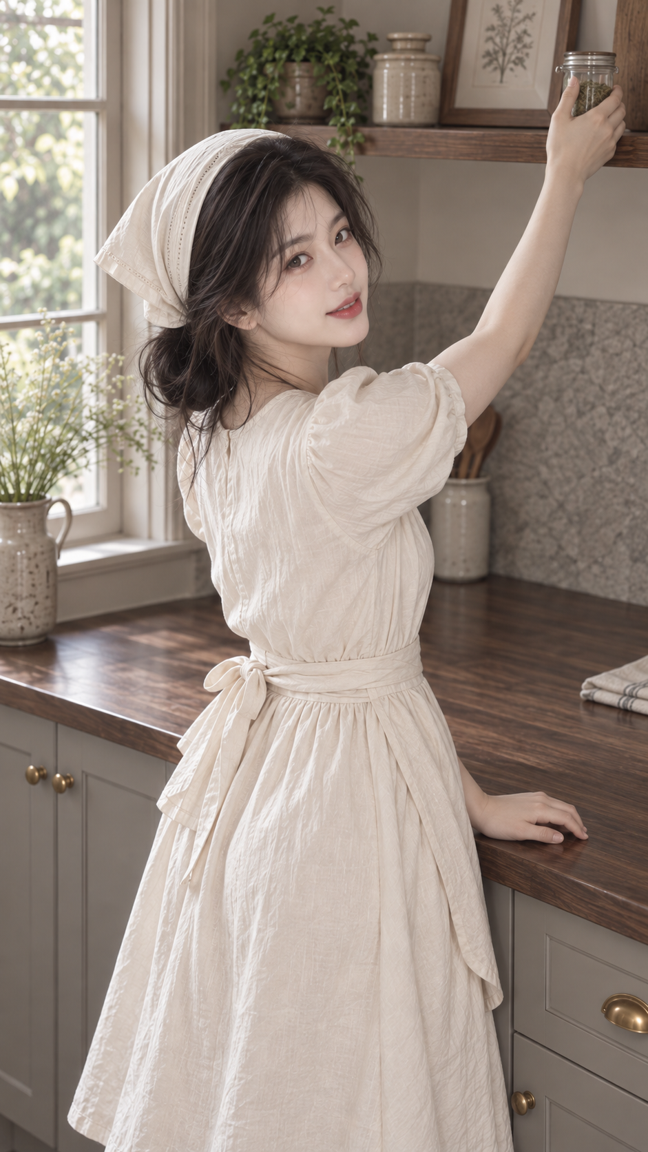 AI 生成的复古厨房烘焙写真，一位成年女性伸手取小玻璃罐并回头