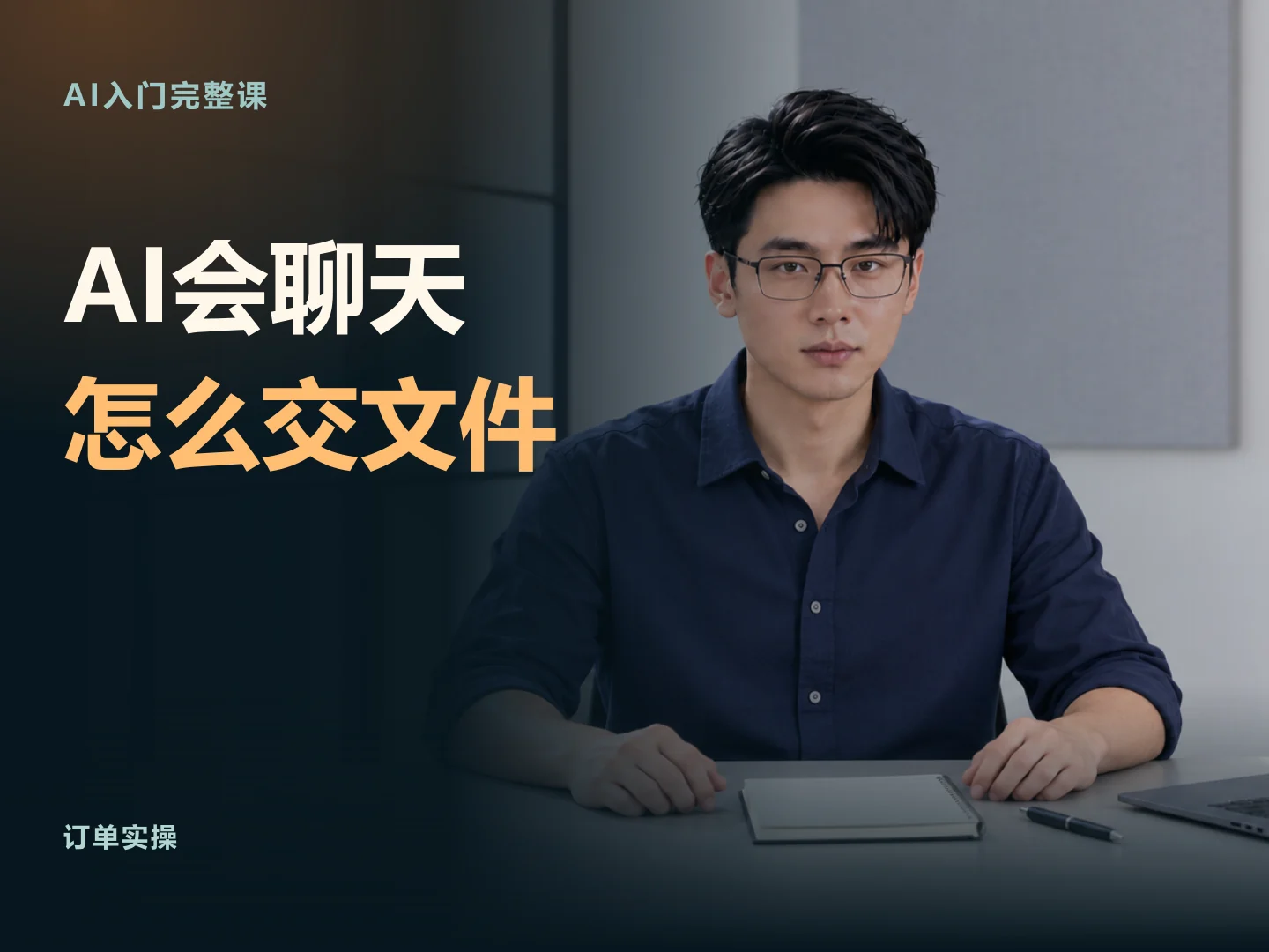 AI讲述者坐在桌前，封面写着AI入门完整课、AI会聊天怎么交文件