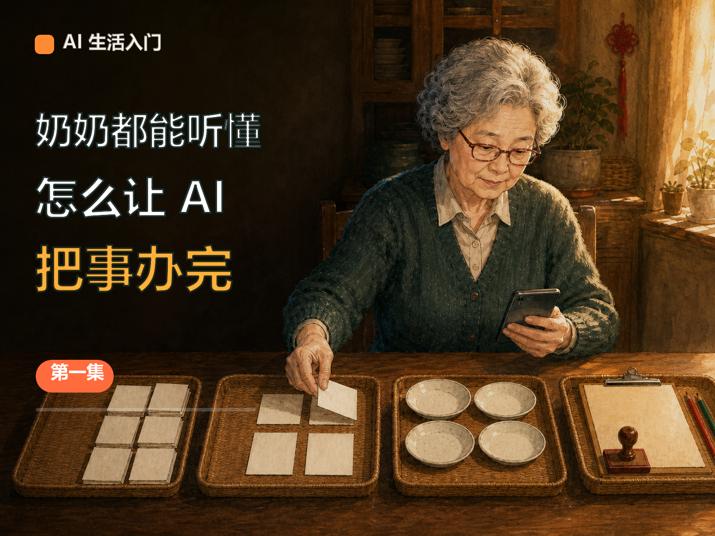 一位奶奶在家庭餐桌前用手机整理四格任务卡