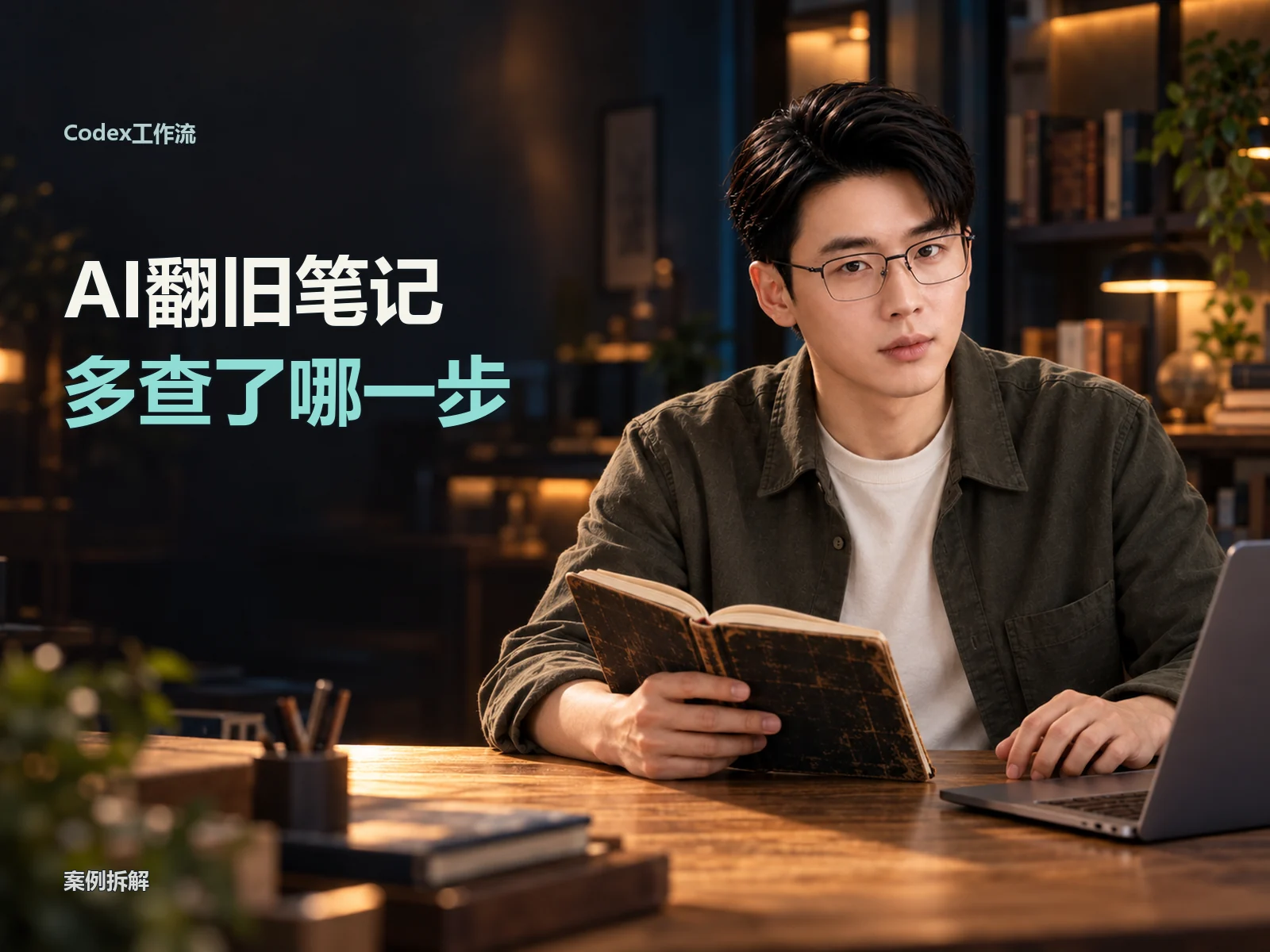 书房中的AI人物翻阅旧笔记，封面写着AI翻旧笔记、多查了哪一步
