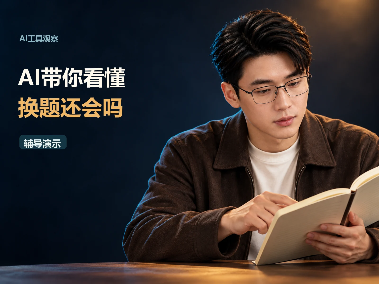 戴眼镜的人翻看书本，封面写着AI带你看懂、换题还会吗