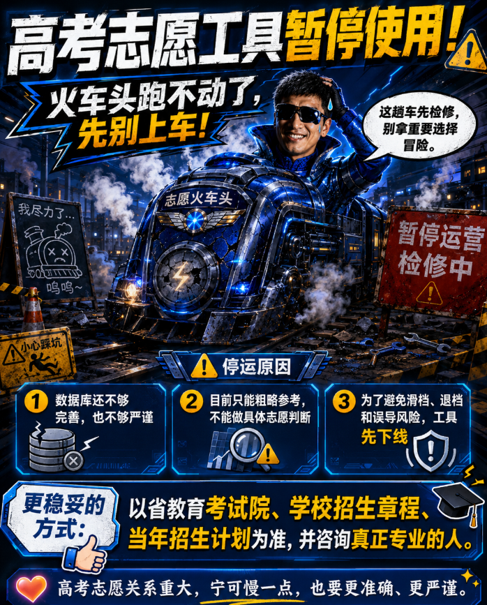 高考志愿工具暂停使用封面，蓝色列车停运检修，画面提示先检修再上车