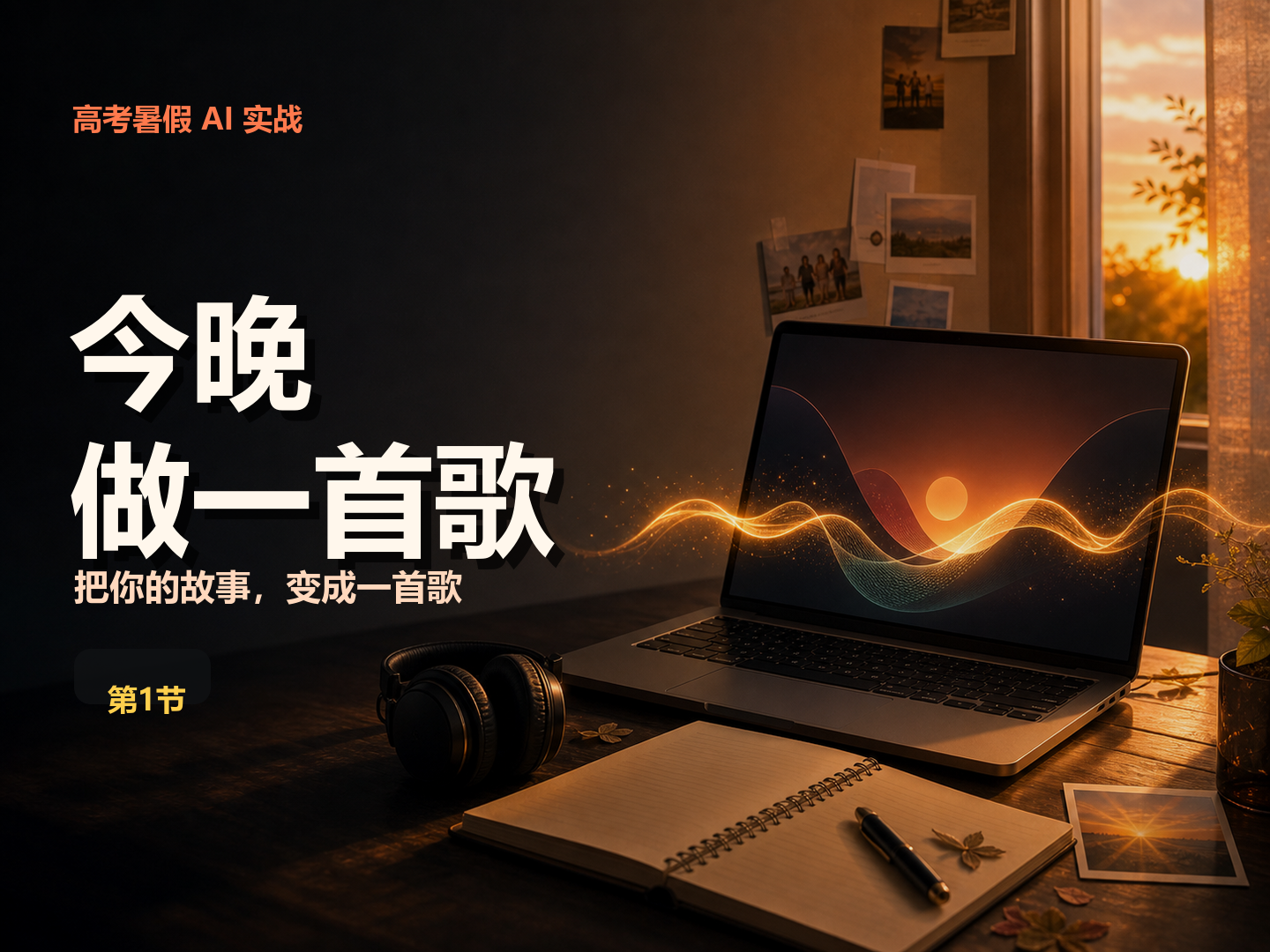 高考暑假 AI 实战封面，提示今晚做一首歌，把自己的故事变成一首歌