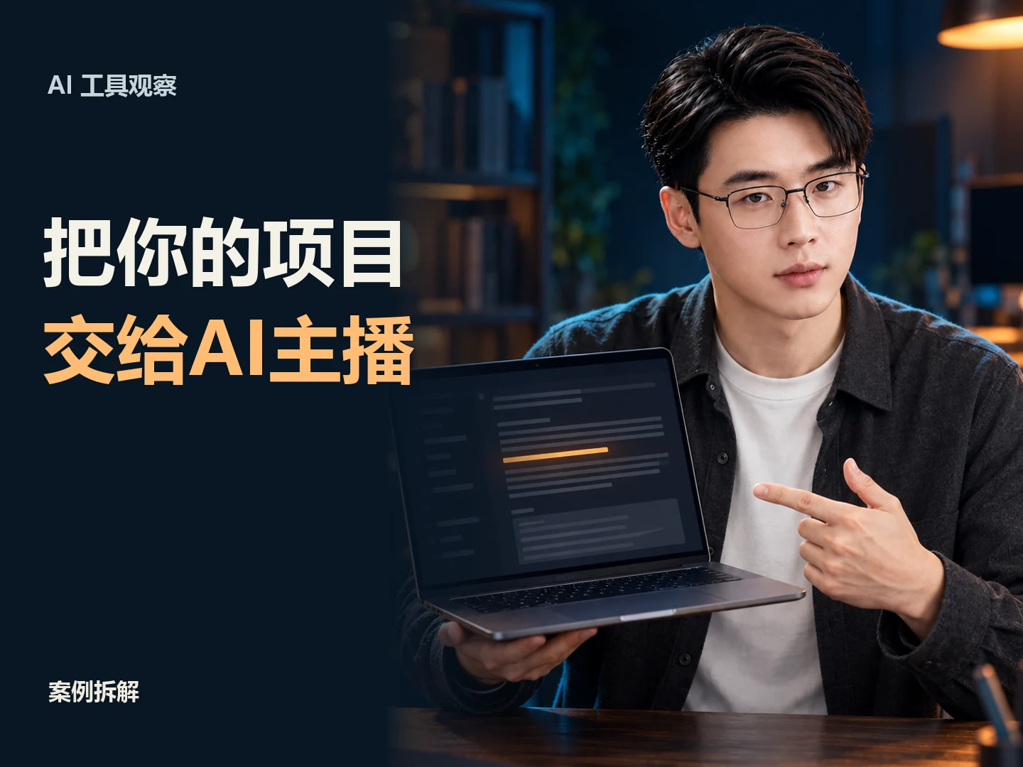 AI人物展示一台电脑，封面写着把你的项目交给AI主播