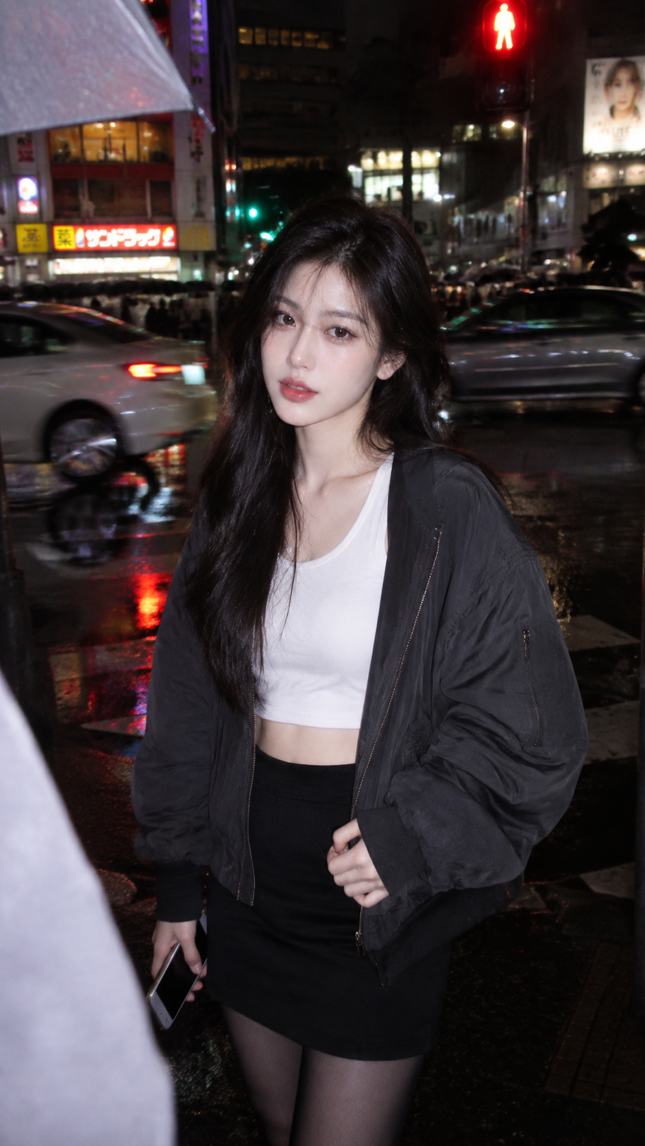 AI 生成的雨夜城市路口 CCD 直闪抓拍风格图，一位成年女性站在湿漉漉的斑马线旁