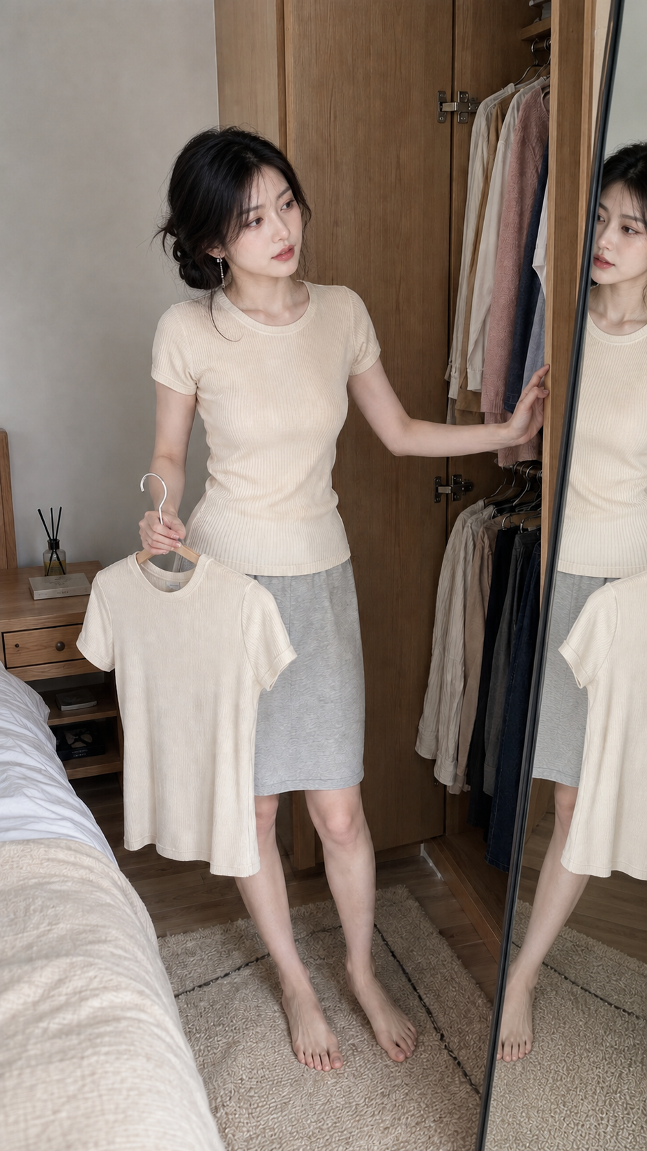 AI 生成的清晨卧室衣柜前选衣风格图，一位成年女性站在打开的衣柜和全身镜旁