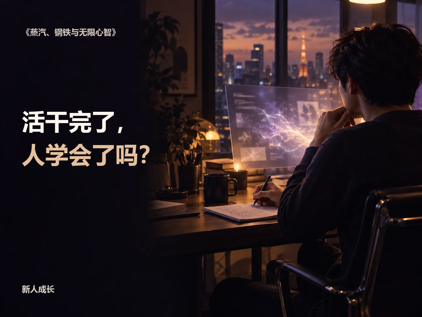 夜晚的城市窗前，一位人物面对 AI 屏幕继续思考和记录，封面写着活干完了，人学会了吗
